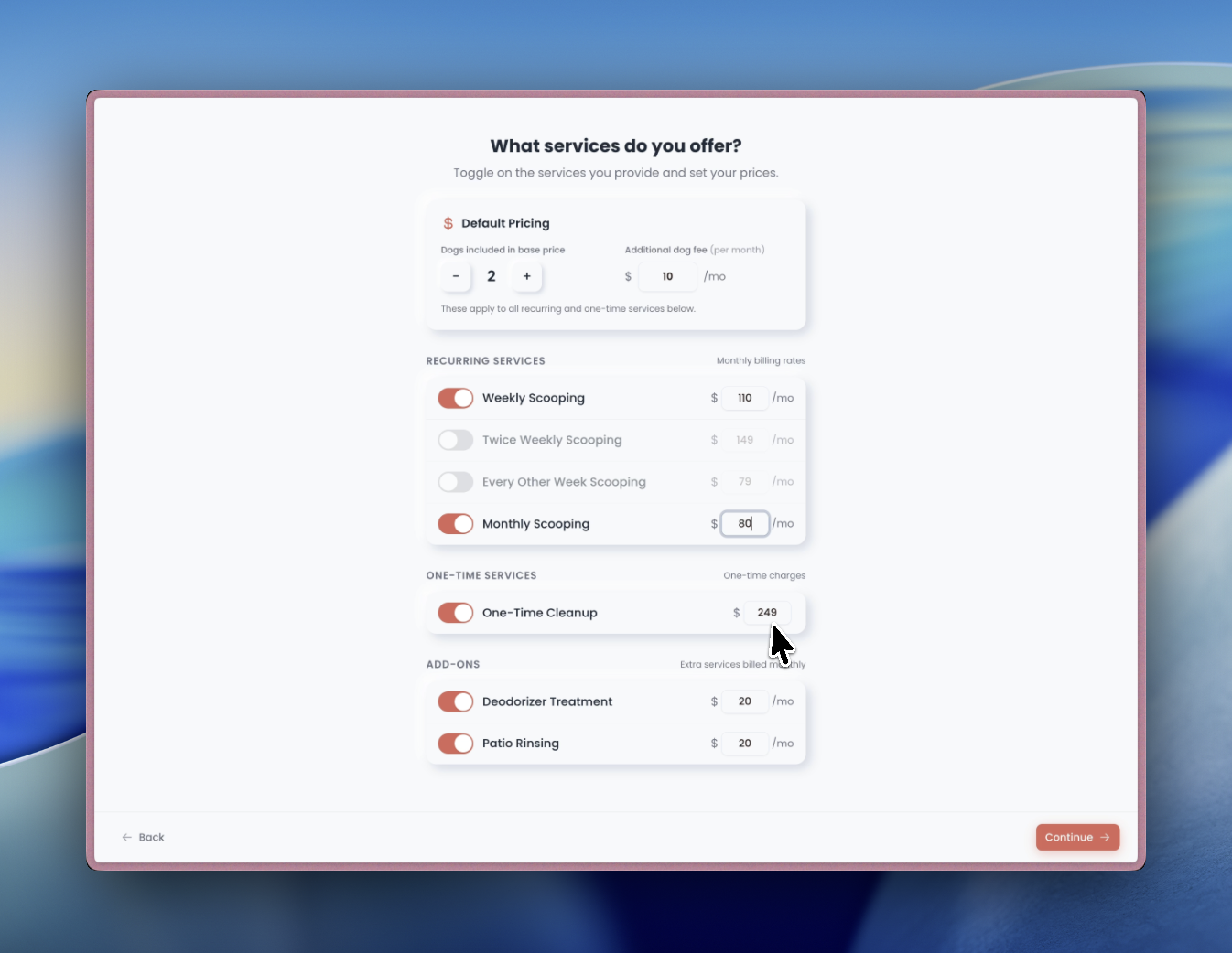 Recurring services selection with weekly and monthly checked and prices set