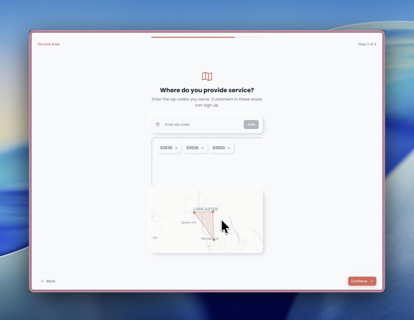 Service area map with zip codes entered and boundaries shown
