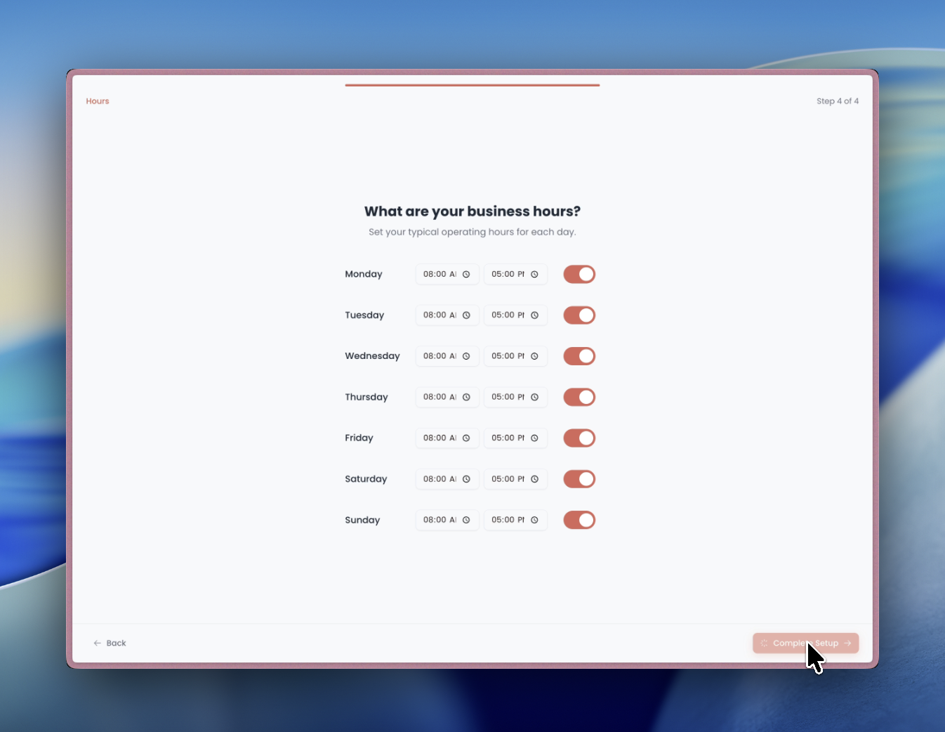 Business hours selection with days of the week