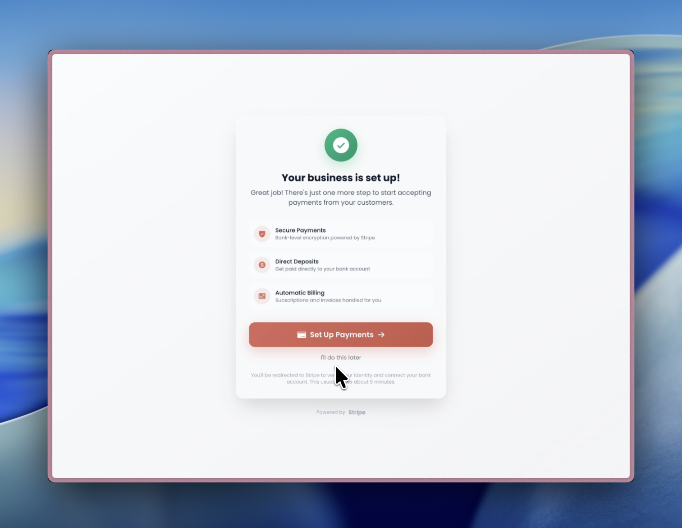 Stripe payment setup prompt after completing onboarding