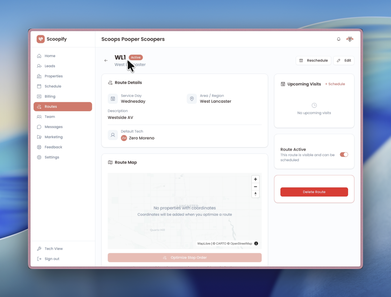 Route detail page showing route info, upcoming visits, and assigned customers