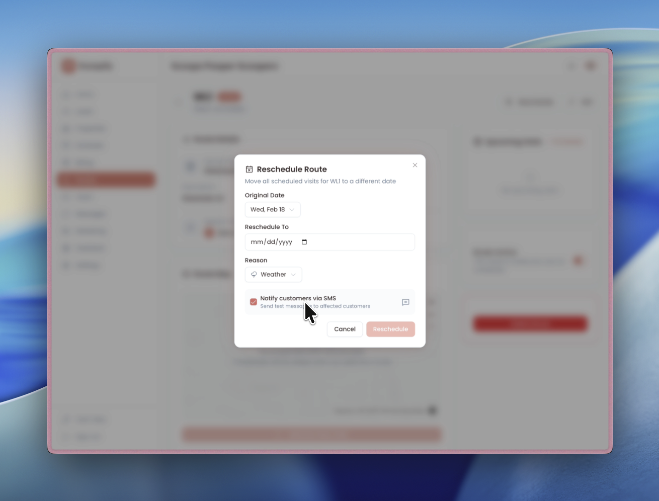 The reschedule modal showing date selection and reason dropdown