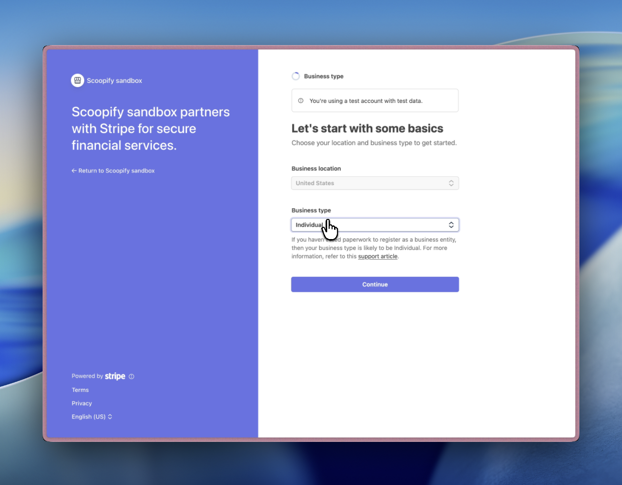 Stripe business type selection showing Individual and other options