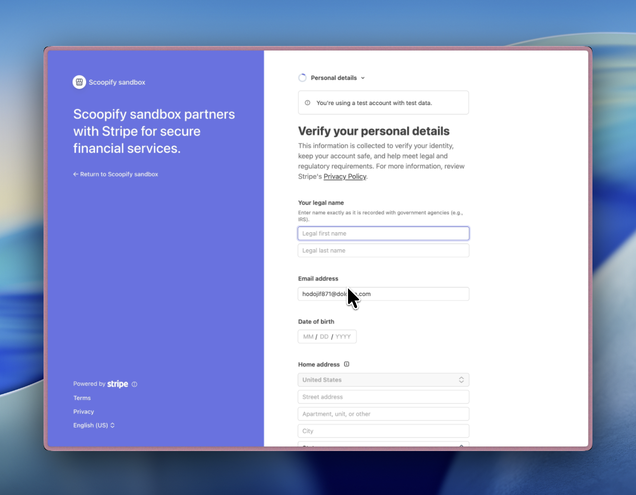 Stripe personal information form with name, DOB, and address fields