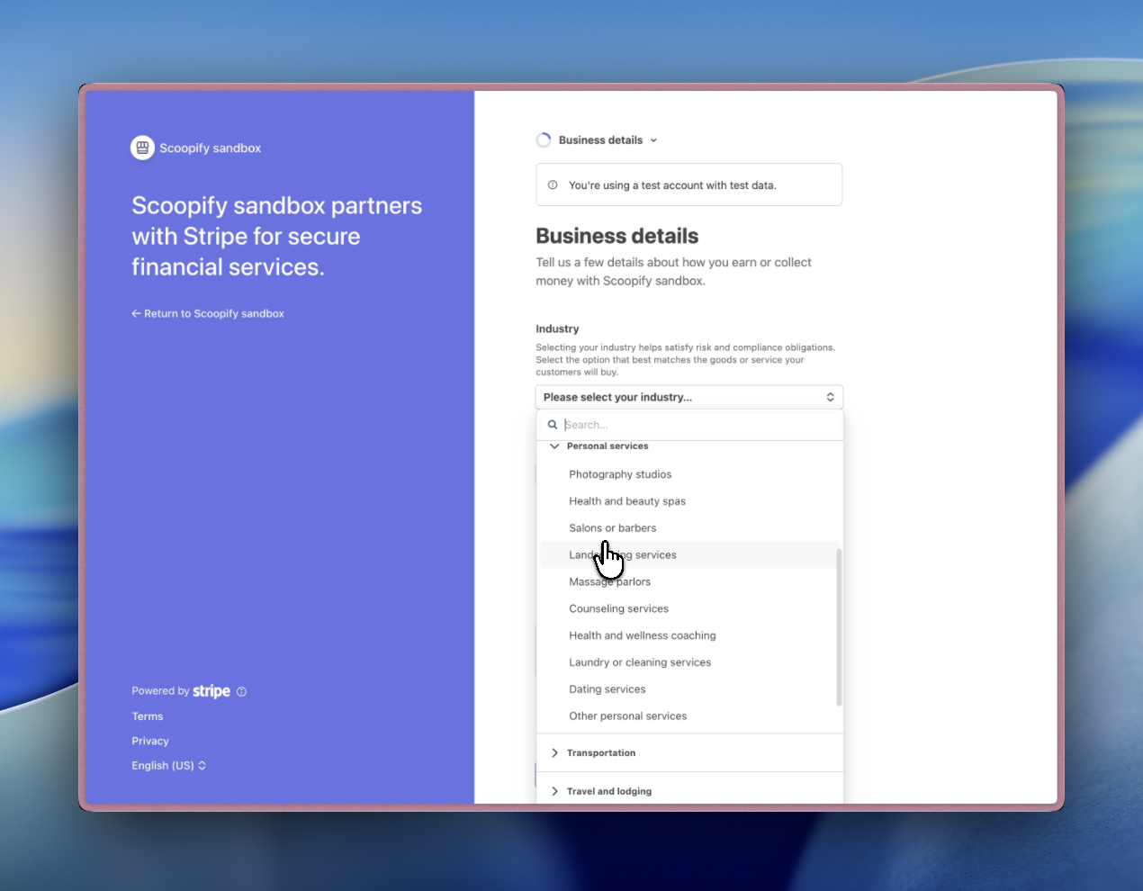 Stripe industry picker with Personal Services and Landscaping Services selected