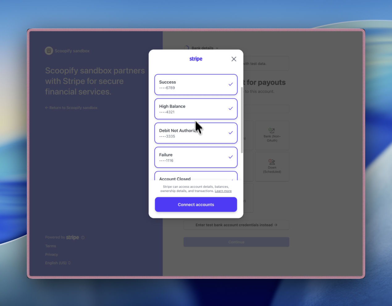 Bank account connection and selection screen