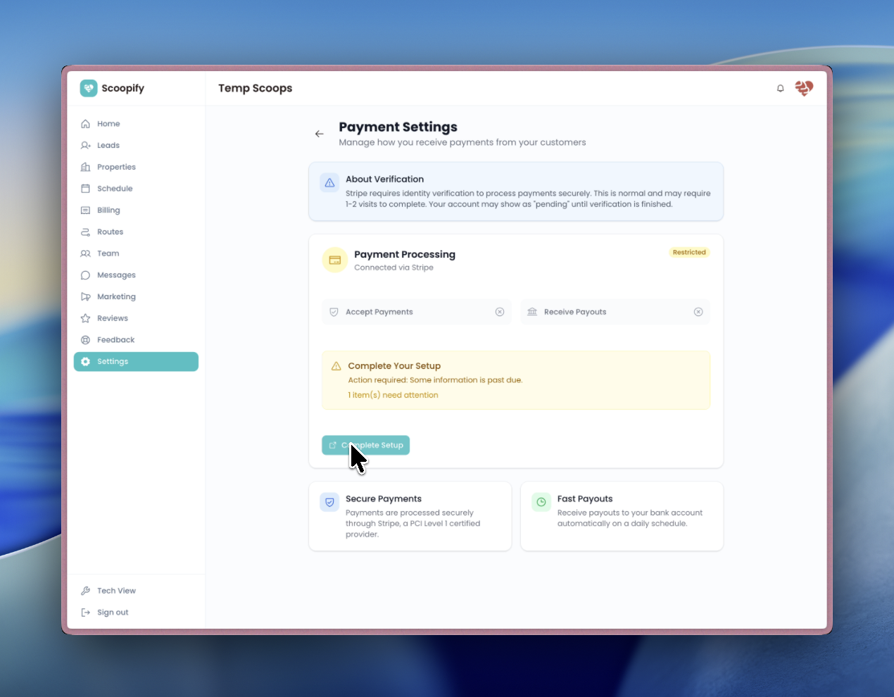 Scoopify payment processing page showing Payments Restricted status