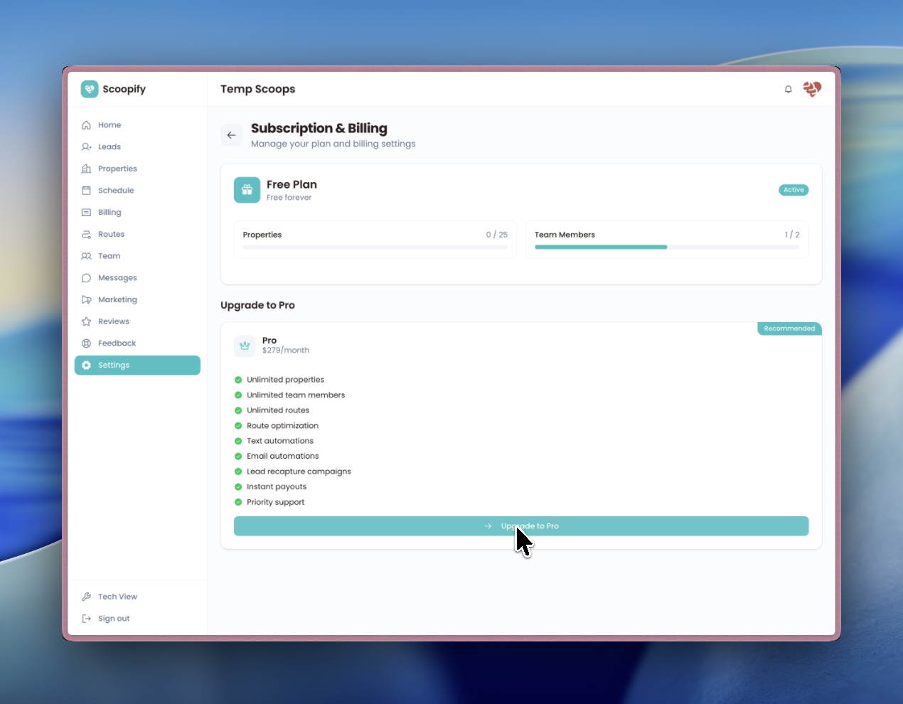 Subscription and Billing page showing free plan limits and Upgrade to Pro button