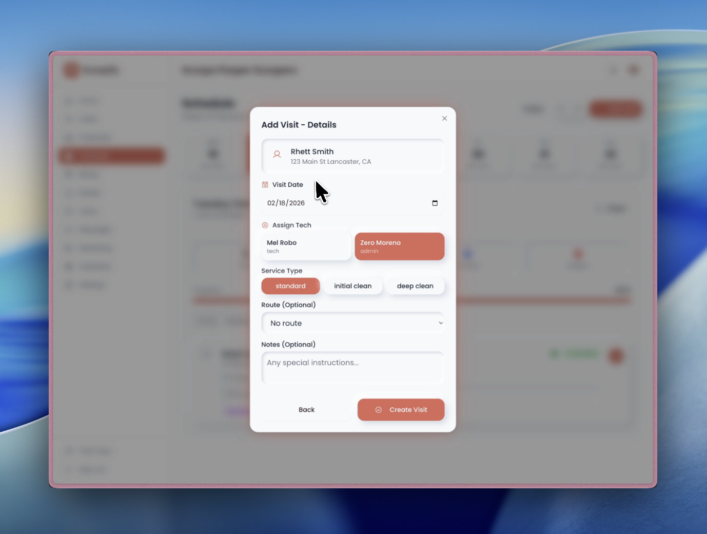 Add Visit form with customer search, date, tech, cleanup type, route, and instructions