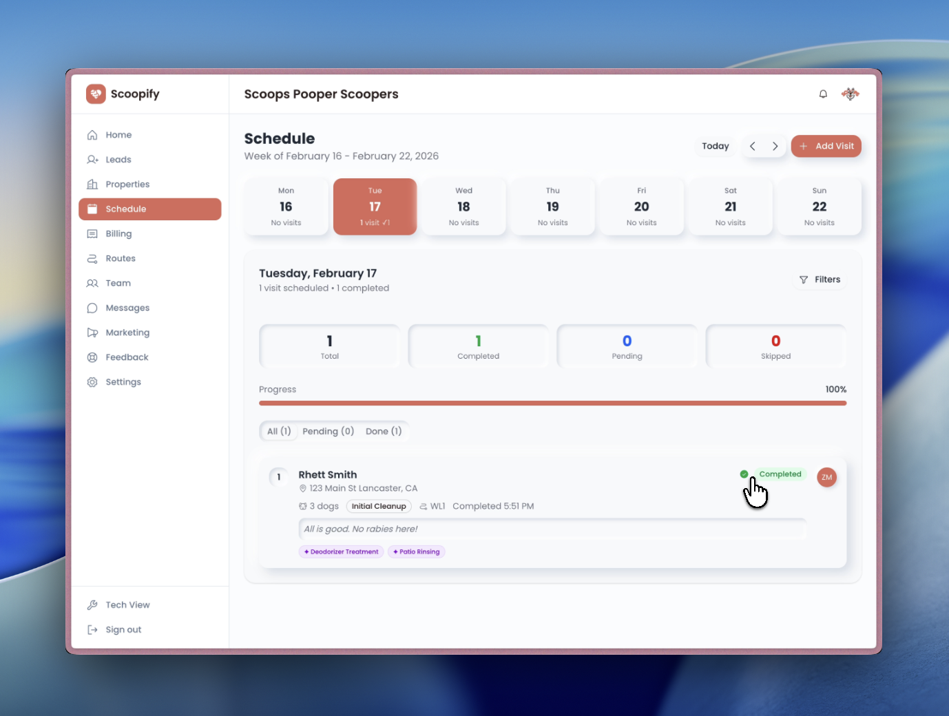 Admin schedule showing completed visit with tech name and note