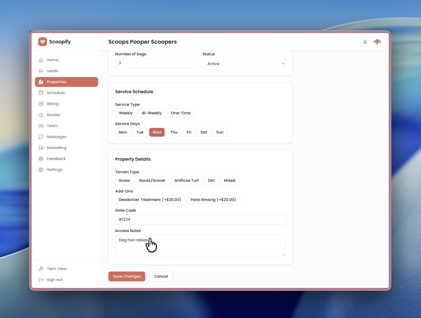 Property edit form with gate code and access notes fields