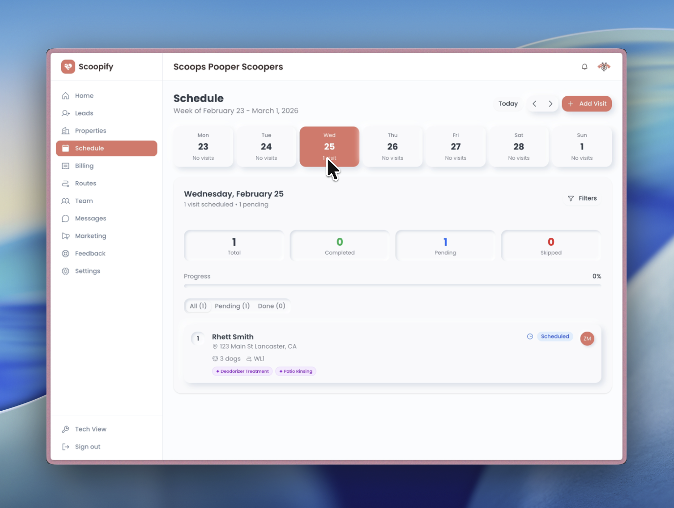 Week-by-week schedule view with visits on their scheduled days